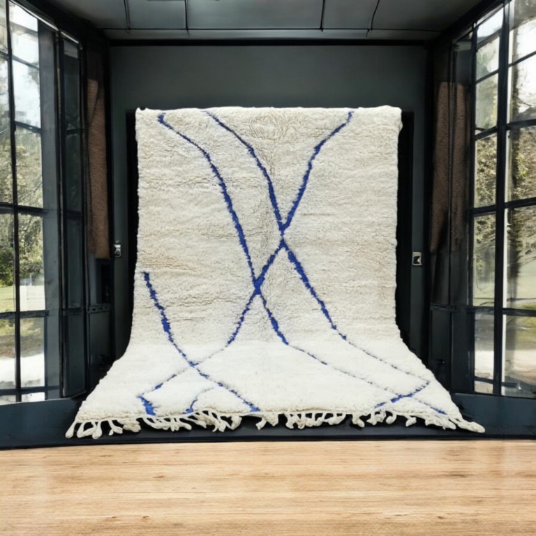 Elegant contemporary white blue morocco rug