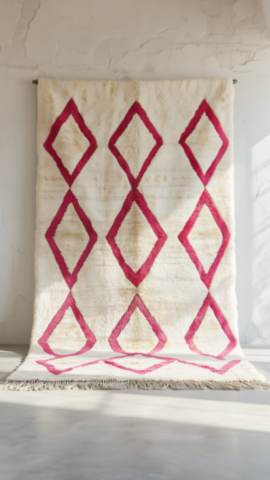 White Decorative Berber Rug with Pink Diamond Pattern