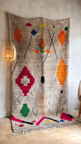 Tapis Azilal Design Coloré sur Fond Gris Neutre