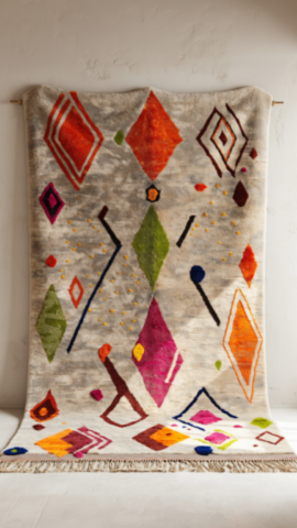 Tapis Azilal Multicolore Fait Main Fond Gris Moderne